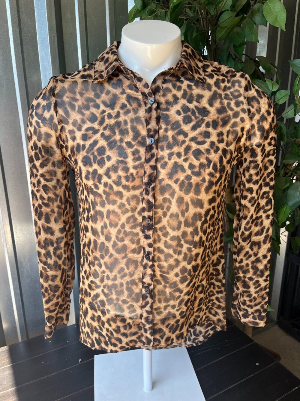 No Boundaries Sheer Leopard Print Button Down Top - Women Size Medium